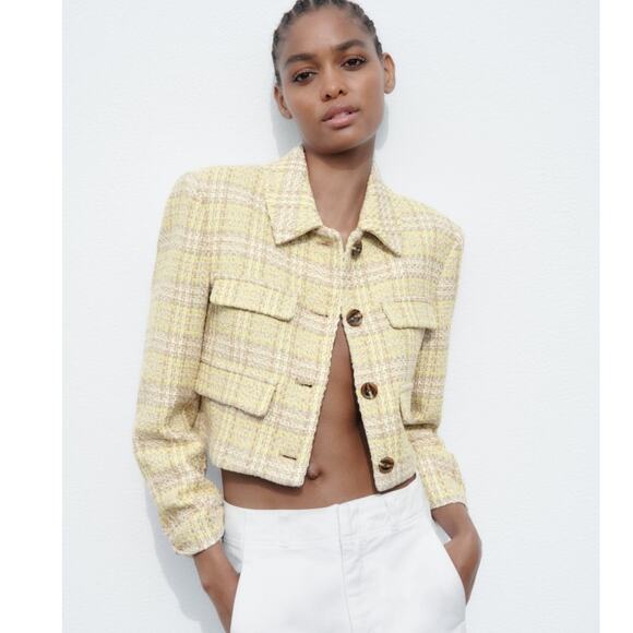 Zara Jackets & Blazers - NWT Zara Textured Crop Blazer Yellow & Brown Plaid Pocket Chic Preppy Size M